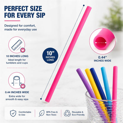 Reusable Silicone Drinking Straws - Set of 5 - BPA Free - Free Cleaning Brush Included - 10" Long Extra Wide Fat Straws - Great Gift for Smoothies & Bubble Tea Lovers