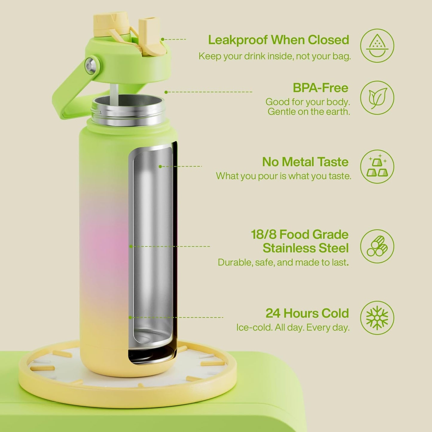 ENCOOL Insulated Water Bottle with Straw Stainless Steel Water Bottle, Leak-Proof, BPA-Free, Double Wall Vacuum Keeps Cold for 24 Hours for Sports, Travel, School (26 oz, Cotton Candy) - Colors C