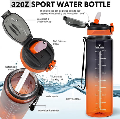 Water Bottle with Straw 1L,Boys Water Bottles with Straw 1 Litre,Waterbottle Leak-Proof Sports Water Bottle,Plastic Drinks Bottles Toxin Free，Bpa-Free (Cyan Black)