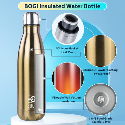 BOGI 17oz Insulated Water Bottle Double Wall Vacuum Stainless Steel Water Bottles, Leak Proof Metal Sports Water Bottle Keeps Drink Hot and Cold - Perfect for Outdoor Sports Camping Biking (Purple)