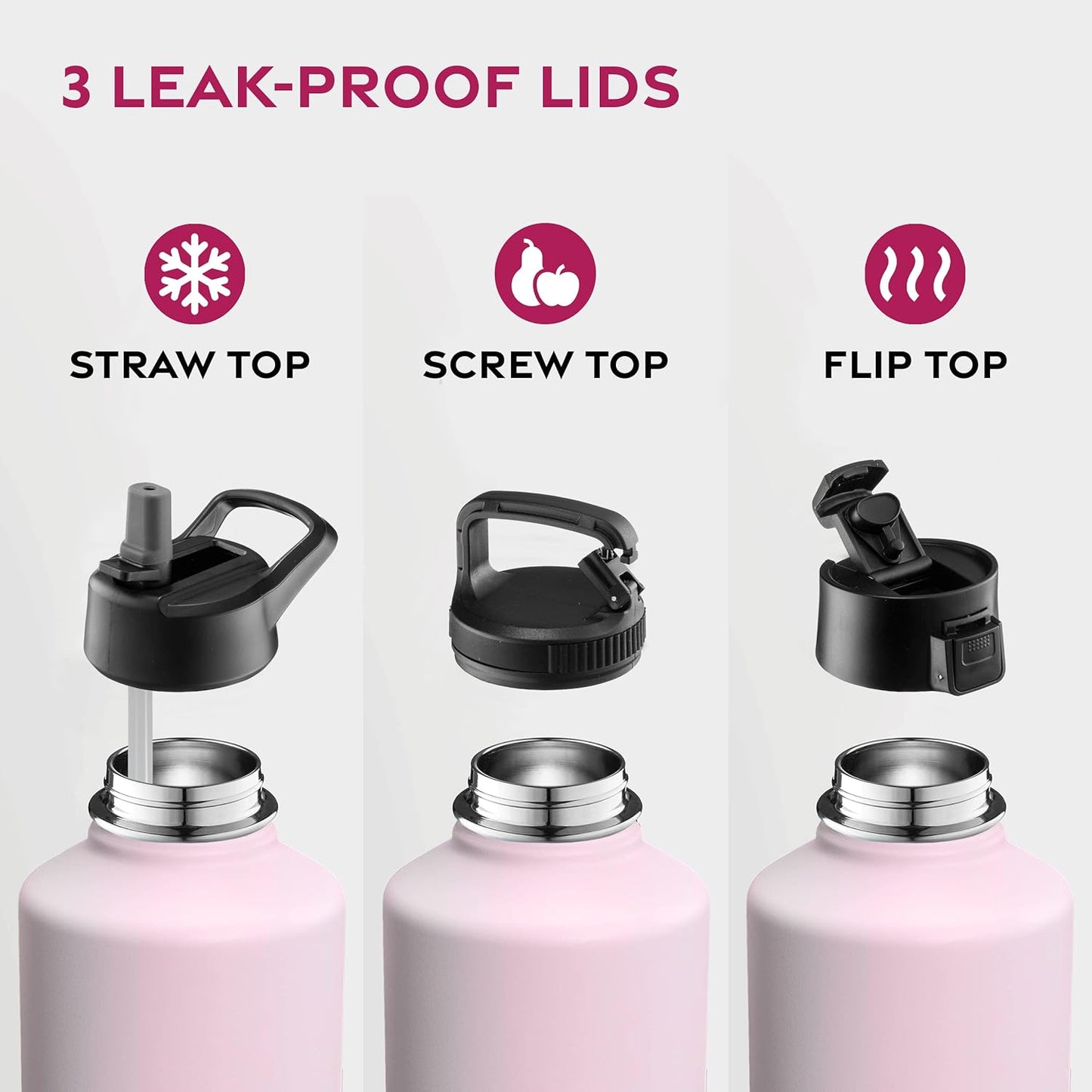 FineDine Water Bottle - Stainless Steel Insulated Water Bottle with Straw Lid, Flip Lid & Wide-Mouth Cap - Keeps Hot and Cold - 25 Oz / 739ml - Dreamy Purple