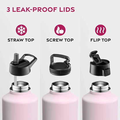 FineDine Water Bottle - Stainless Steel Insulated Water Bottle with Straw Lid, Flip Lid & Wide-Mouth Cap - Keeps Hot and Cold - 25 Oz / 739ml - Dreamy Purple