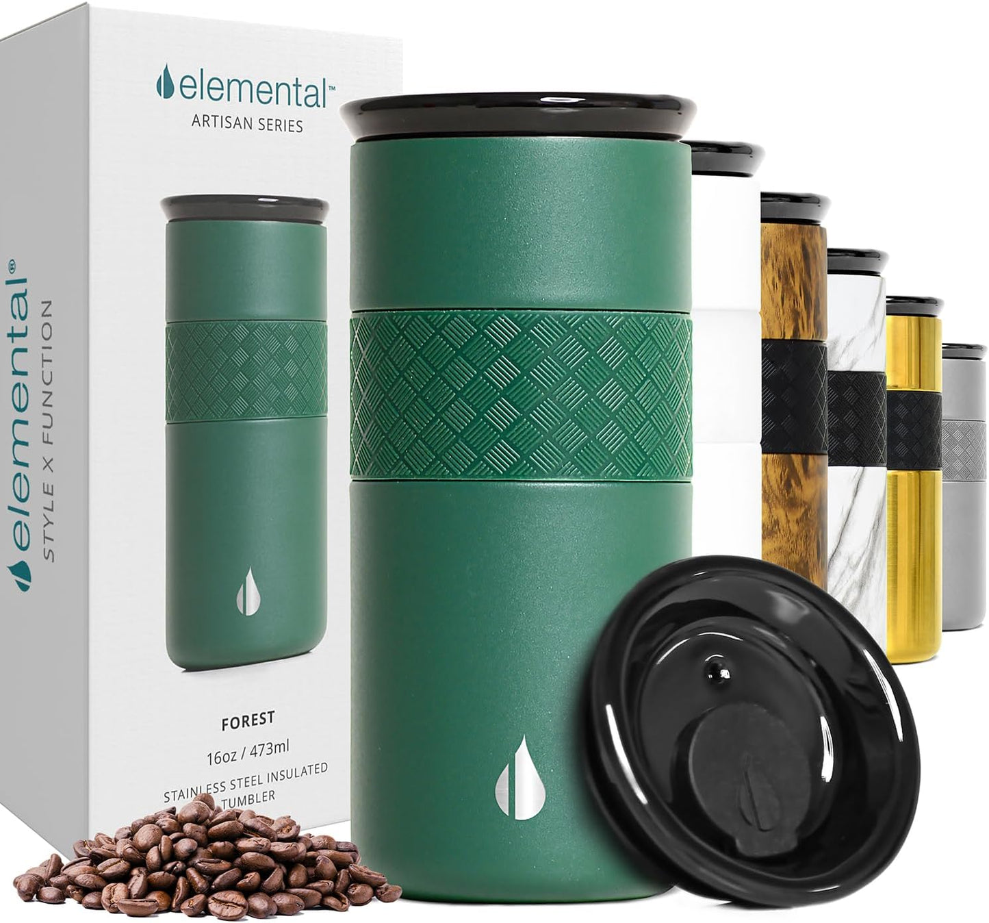 Elemental Artisan Insulated Tumbler, Triple Wall Coffee Travel Mug, Reusable Stainless Steel Coffee Tumbler with Ceramic Lid, Thermal Coffee Cups for Hot (6 Hrs) & Cold (18 Hrs), 16oz - Forest Green