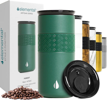 Elemental Artisan Insulated Tumbler, Triple Wall Coffee Travel Mug, Reusable Stainless Steel Coffee Tumbler with Ceramic Lid, Thermal Coffee Cups for Hot (6 Hrs) & Cold (18 Hrs), 16oz - Forest Green
