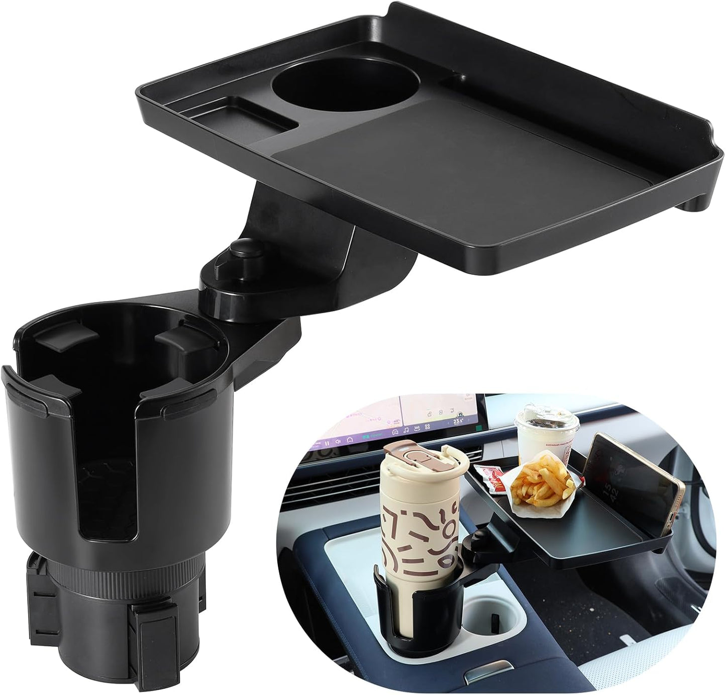 Car Large Cup Holder Expander, 5-in-1 Cupholder Extender with Phone Holder & Swivel and Detachable Snack Food Tray Table for Eating, Travel Essentials for Road Trips for Driver. Model C