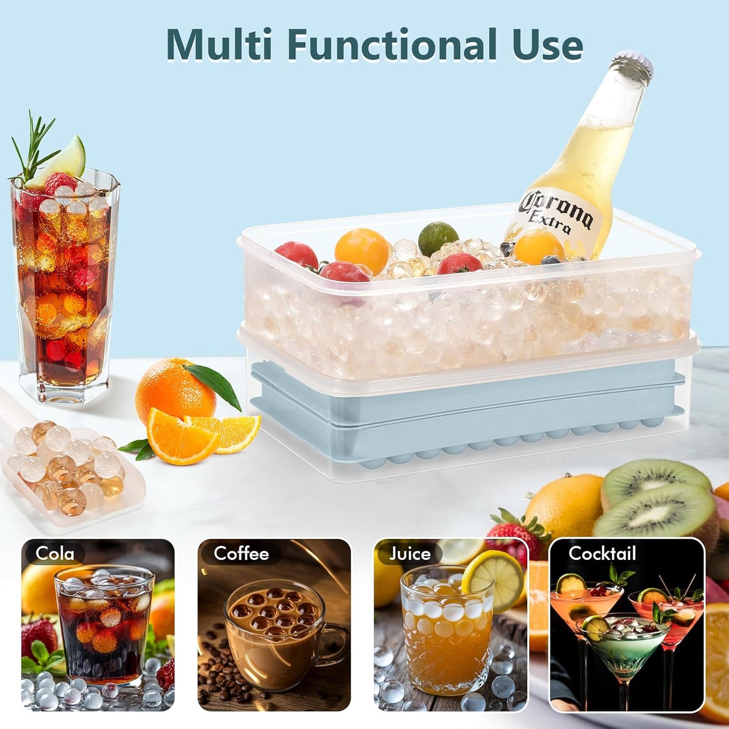 WIBIMEN Mini Ice Cube Trays, 0.55” Tiny Pebble Ice for Iced Coffee & Cocktails, Fast Chill, Easy Twist Release, Stackable with Lid & Storage Bin (4 Pack, Blue)