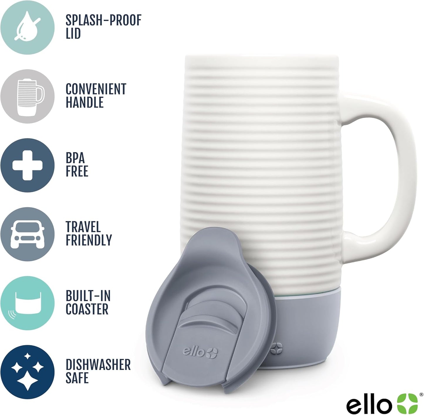 Ello Jane 18oz Ceramic Travel Mug with Handle, Splash-Resistant Slider Lid and Built-in Coaster, Perfect for Coffee and Tea, BPA Free, Dishwasher Safe, Gift for Him Her Mother's Day Birthday, Sandbar