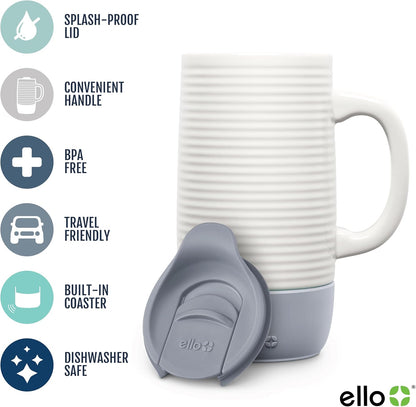Ello Jane 18oz Ceramic Travel Mug with Handle, Splash-Resistant Slider Lid and Built-in Coaster, Perfect for Coffee and Tea, BPA Free, Dishwasher Safe, Gift for Him Her Mother's Day Birthday, Sandbar