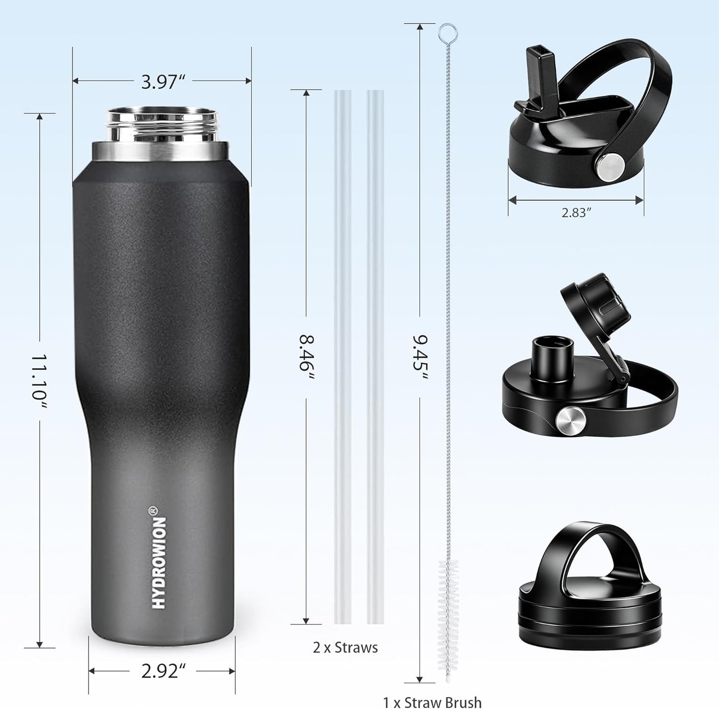 HYDROWION 32oz Stainless Steel Water Bottle(Cold for 48 Hrs, Hot for 24 Hrs),Double Wall Vacuum Insulated Water Bottle with Straw Lid, Spout Lid and Flex Cap, Fit in Any Car Cup Holder,Black