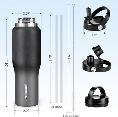HYDROWION 32oz Stainless Steel Water Bottle(Cold for 48 Hrs, Hot for 24 Hrs),Double Wall Vacuum Insulated Water Bottle with Straw Lid, Spout Lid and Flex Cap, Fit in Any Car Cup Holder,Black