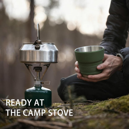 Ultralight Collapsible Travel Cup 16 oz, BPA Free Silicone & Stainless Steel Camping Mug, Foldable Portable Cup for Hiking, Backpacking, Outdoor Coffee Mug (Khaki)