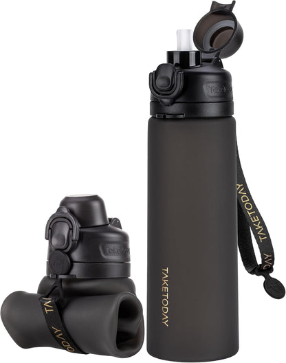 TakeToday Collapsible Water Bottles 21oz (600mL), Foldable Platinum Silicone Travel Water Bottle with Straw & Carry Strap, Leak-Resistant Screw Lid, Wide Mouth, BPA-Free for Hiking, Camping, Travel