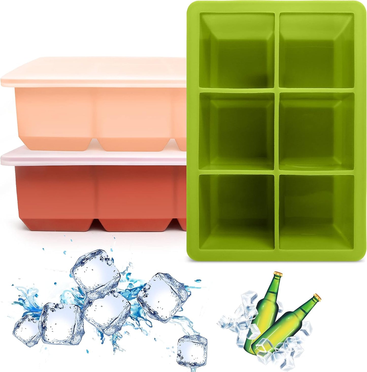 Excnorm Silicone Ice Cube Trays 3 Pack - Large Size Silicone Ice Cube Molds with Leak Proof Removable Lid Square Ice Cube Tray And BPA Free for Cocktail,Whiskey, Stackable Flexible Ice