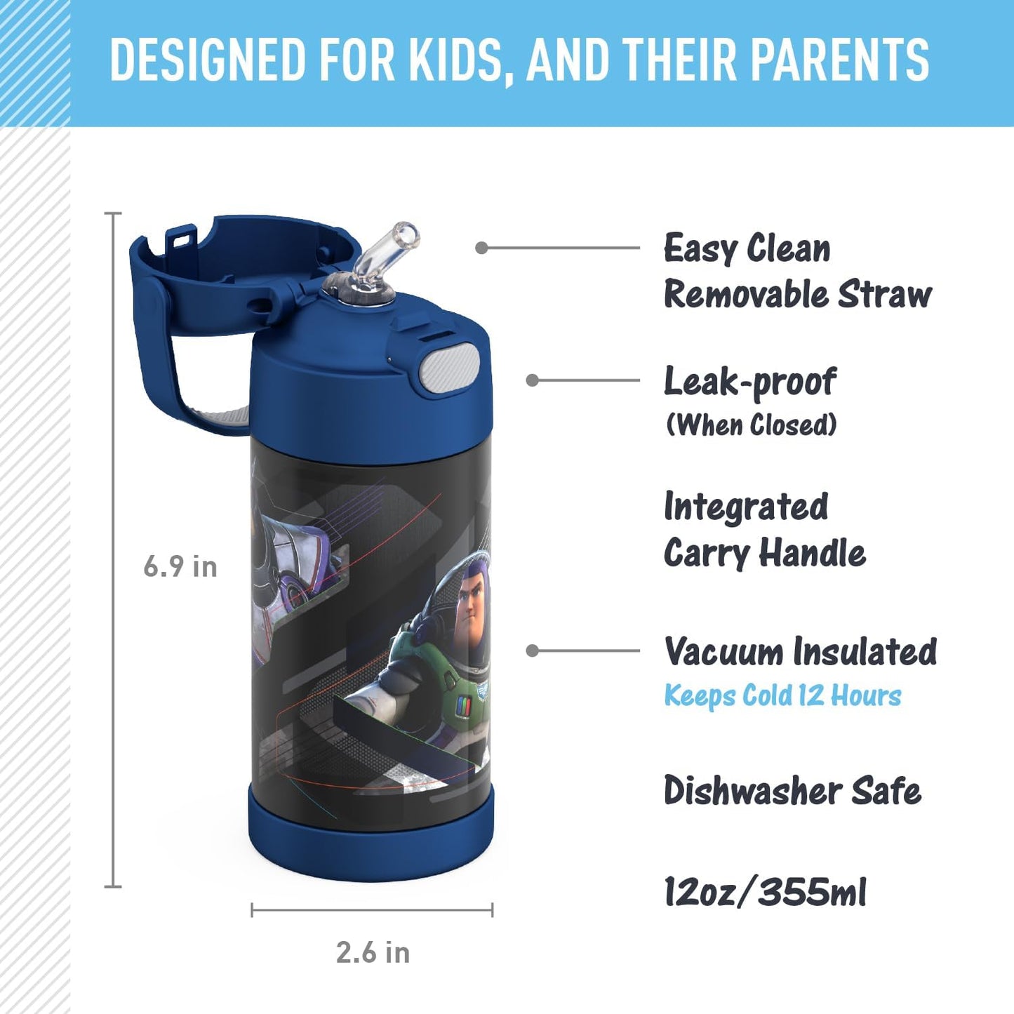 THERMOS FUNTAINER Water Bottle with Straw - 12 Ounce - Kids Stainless Steel Vacuum Insulated Water Bottle with Lid, Bluey - Colors B