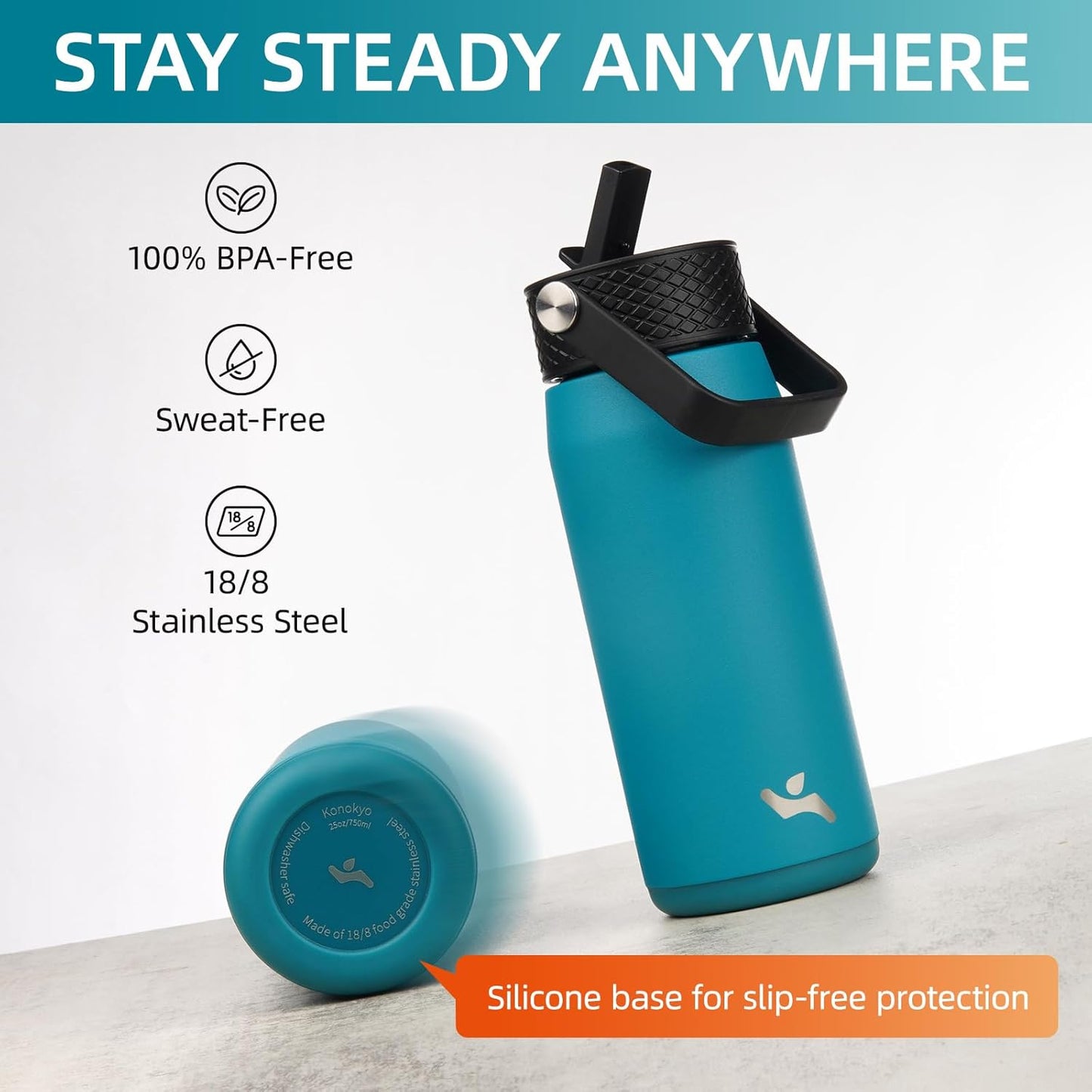 Konokyo 22oz Stainless Steel Bottles with 3 Lids Sport Insulated Water Bottle,Mint