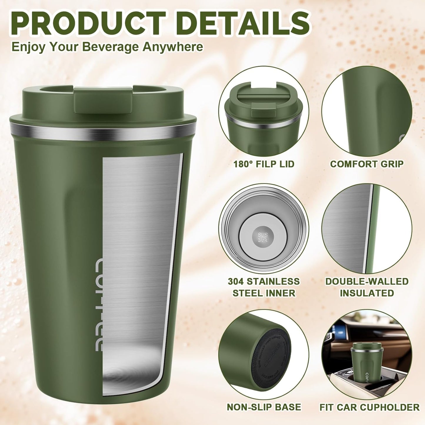MOMSIV 12oz Travel Mug, Insulated Coffee Cup with Leakproof Lid, Travel Coffee Mug Vacuum Stainless Steel Double Walled Reusable Coffee Cup for Hot and Cold Water Coffee