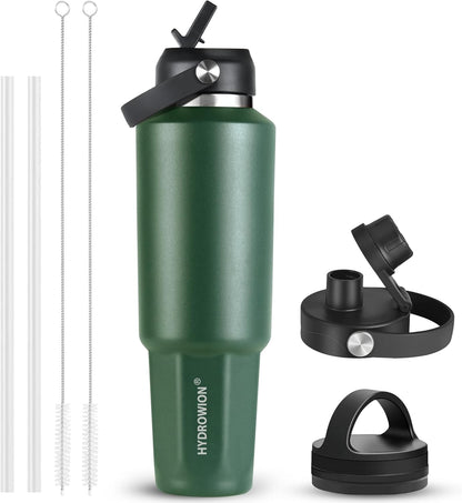 HYDROWION 32oz Stainless Steel Water Bottle(Cold for 48 Hrs, Hot for 24 Hrs),Double Wall Vacuum Insulated Water Bottle with Straw Lid, Spout Lid and Flex Cap, Fit in Any Car Cup Holder,Black