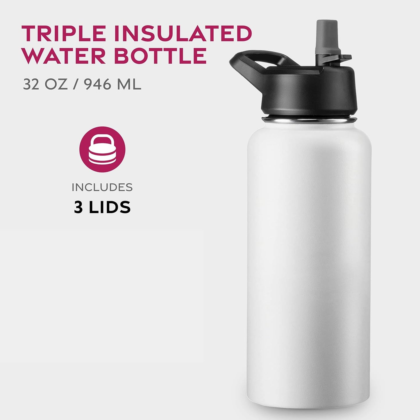 FineDine Water Bottle - Stainless Steel Insulated Water Bottle with Straw Lid, Flip Lid & Wide-Mouth Cap - Keeps Hot and Cold - 25 Oz / 739ml - Dreamy Purple