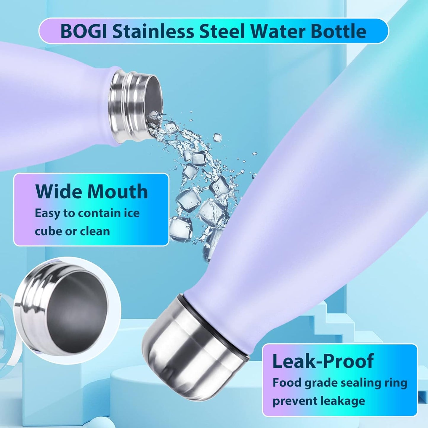BOGI 17oz Insulated Water Bottle Double Wall Vacuum Stainless Steel Water Bottles, Leak Proof Metal Sports Water Bottle Keeps Drink Hot and Cold - Perfect for Outdoor Sports Camping Biking (Purple)
