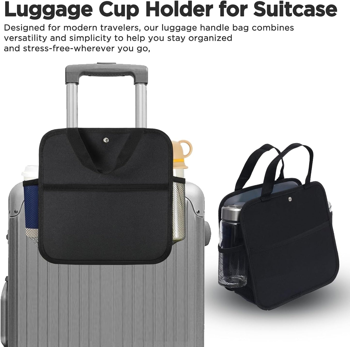 Large Luggage Travel Cup Holder, Oversized Luggage Cup Holder for Suitcase with Big Storage Compartment, Hands-Free Travel Organizer (Black)
