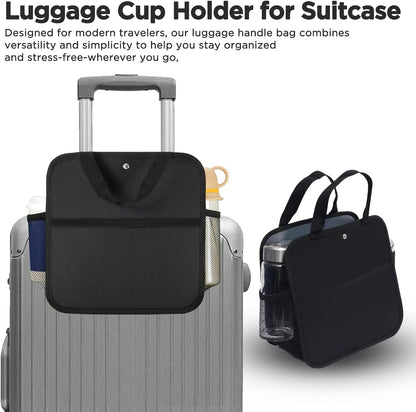 Large Luggage Travel Cup Holder, Oversized Luggage Cup Holder for Suitcase with Big Storage Compartment, Hands-Free Travel Organizer (Black)