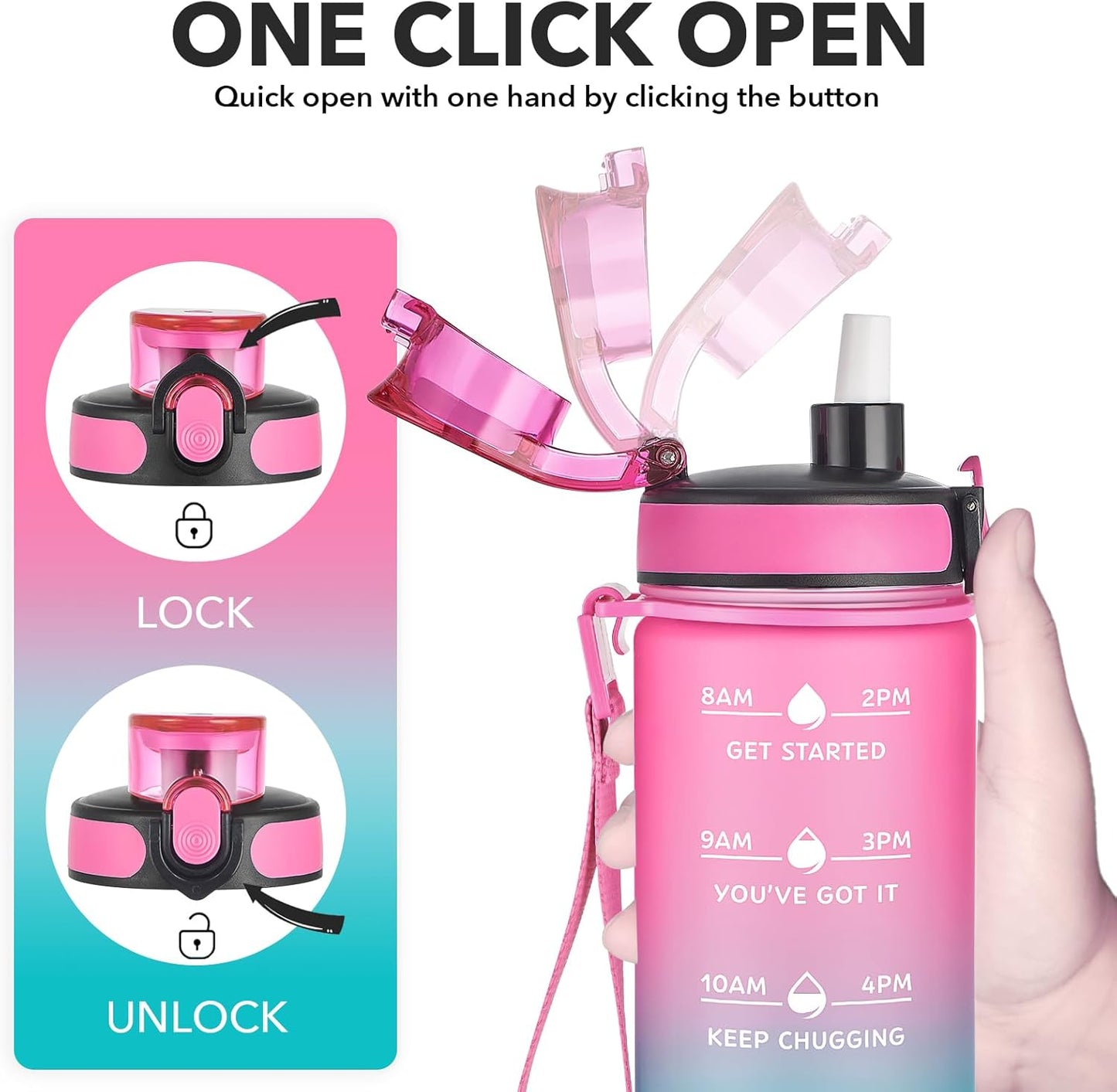 Enerbone Water Bottle, Leakproof BPA & Toxic Free, Motivational Water Bottle with Times to Drink and Straw, Fitness Sports Water Bottle with Strap for Office, Gym, Outdoor Sports