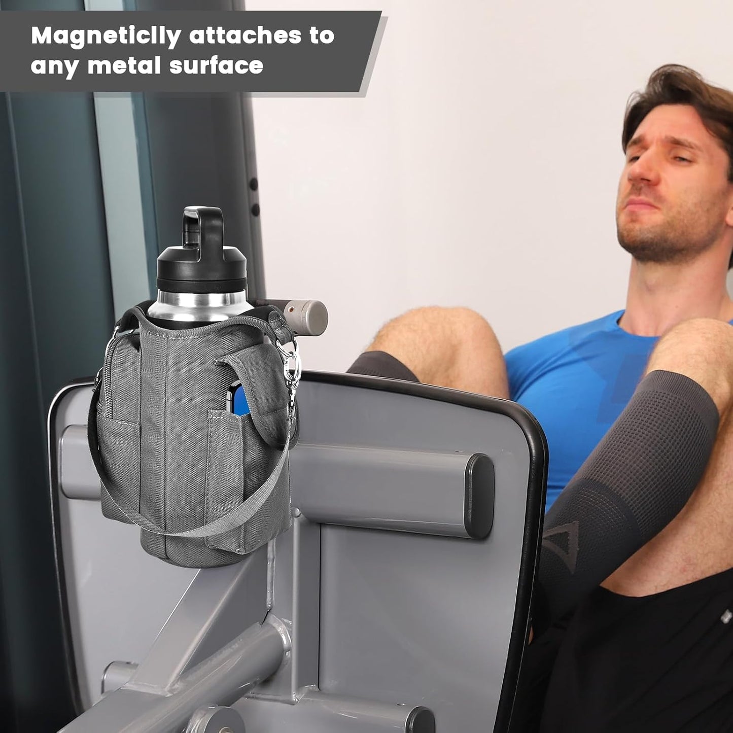 icolor Magnetic Gym Bag Water Bottle Carrier Holder with Phone Pockets & Shoulder Strap,Gym Magnetic Bag 5 Built-in Magnets Gym Accessories Organizer Sling Bottle Bag Pouch Sleeve
