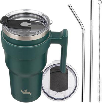 Konokyo 20 oz Tumbler with Handle and 2 Straw 2 Lid, Insulated Water Bottle Stainless Steel Vacuum Cup Reusable Travel Mug,Black