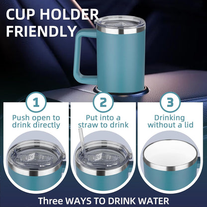 20 oz Insulated Coffee Mug with Ceramic Coating, Stainless Steel Travel Mug Tumbler with Handle Lid and Straw, Double Wall Leak-Proof Coffee Travel Mug Keeps Drink Hot and Cold (Black)