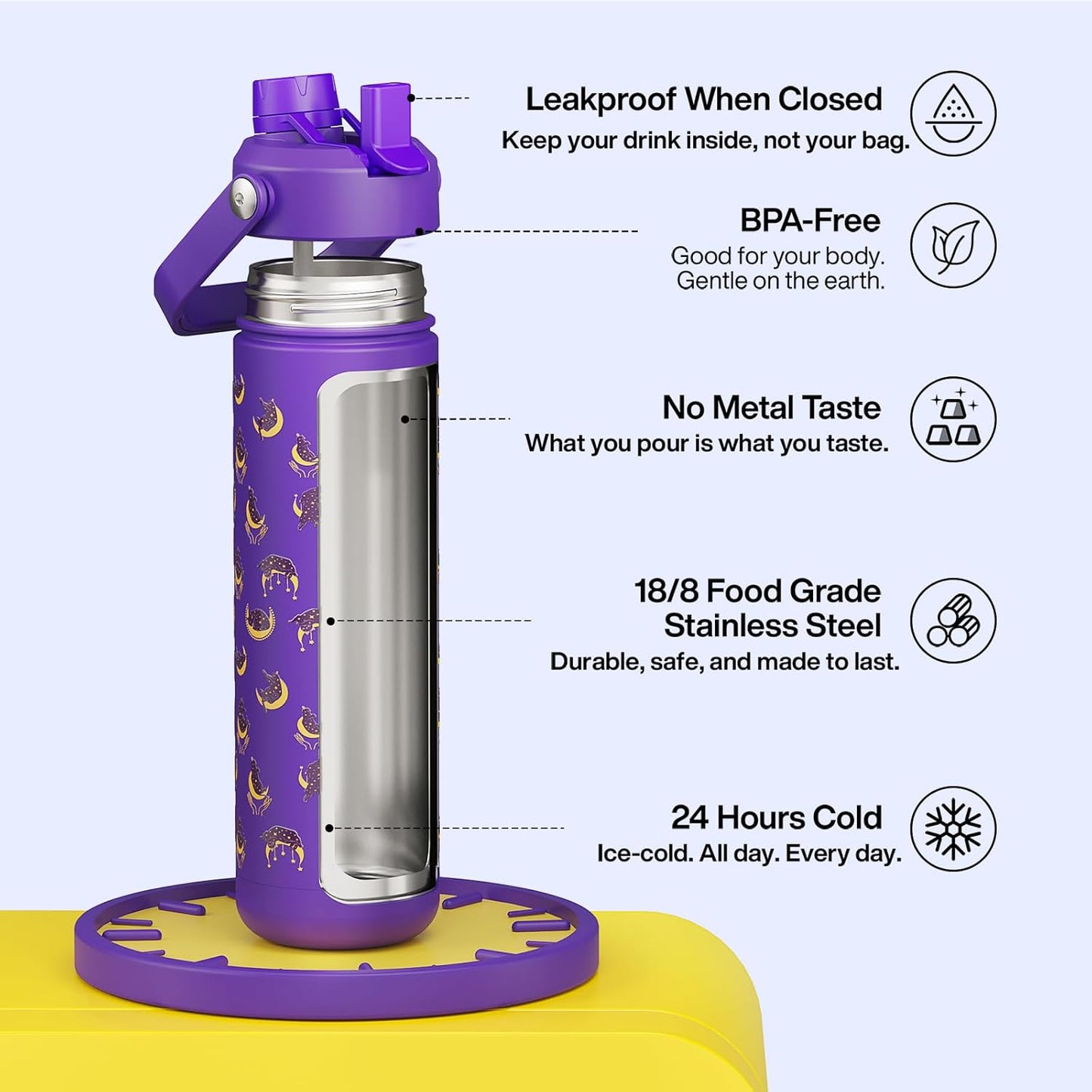 ENCOOL Insulated Water Bottle with Straw Stainless Steel Water Bottle, Leak-Proof, BPA-Free, Double Wall Vacuum Keeps Cold for 24 Hours for Sports, Travel, School (26 oz, Cotton Candy) - Colors D