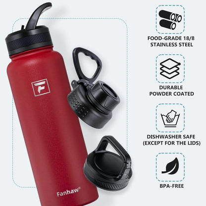 Fanhaw 40 oz Insulated Water Bottle – Stainless Steel Flask with 3 Lids (Straw, Spout, Carabiner) | Durable, Leakproof, for Hiking, Camping, Outdoor Adventures & Travel (Green Blue)