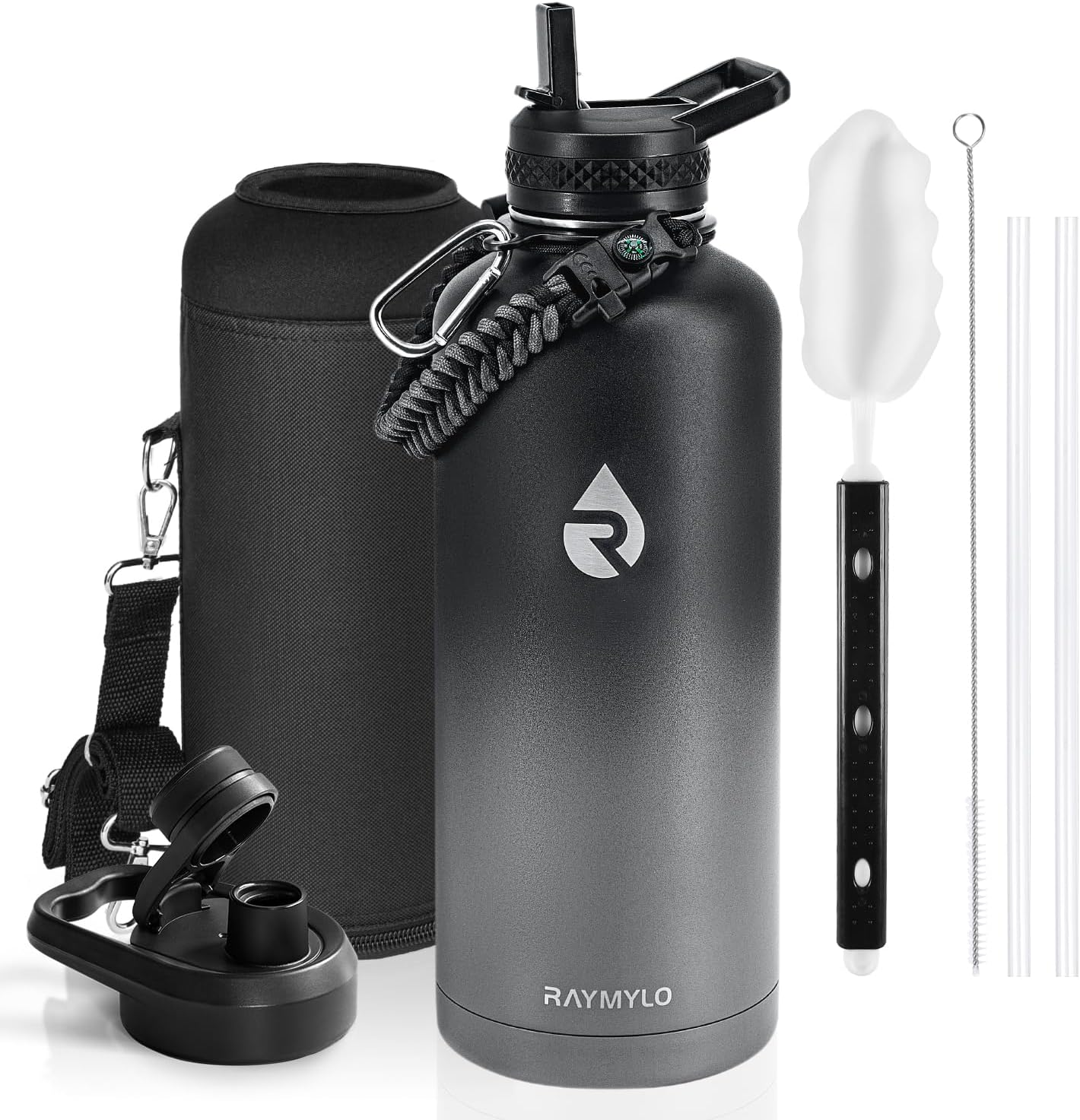 RAYMYLO One Gallon Water Bottle Insulated, Triple Walled Vacuum Stainless Steel (Cold for 48 Hrs), Leak Proof & Non-BPA, Large Water Flask Jug with Paracord Handle & Straw Spout Lids