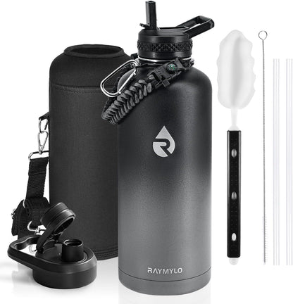 RAYMYLO One Gallon Water Bottle Insulated, Triple Walled Vacuum Stainless Steel (Cold for 48 Hrs), Leak Proof & Non-BPA, Large Water Flask Jug with Paracord Handle & Straw Spout Lids