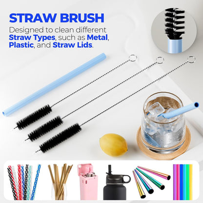 Holikme 6 Pack Bottle Brush Set, 14" Long Handle Stainless Steel Bottle Cleaner Brush, 3 Straw Brushes, 4-in-1 Bottle Cleaning Brush for Water Bottle, Antistatic Lab Brushes Straws, Black