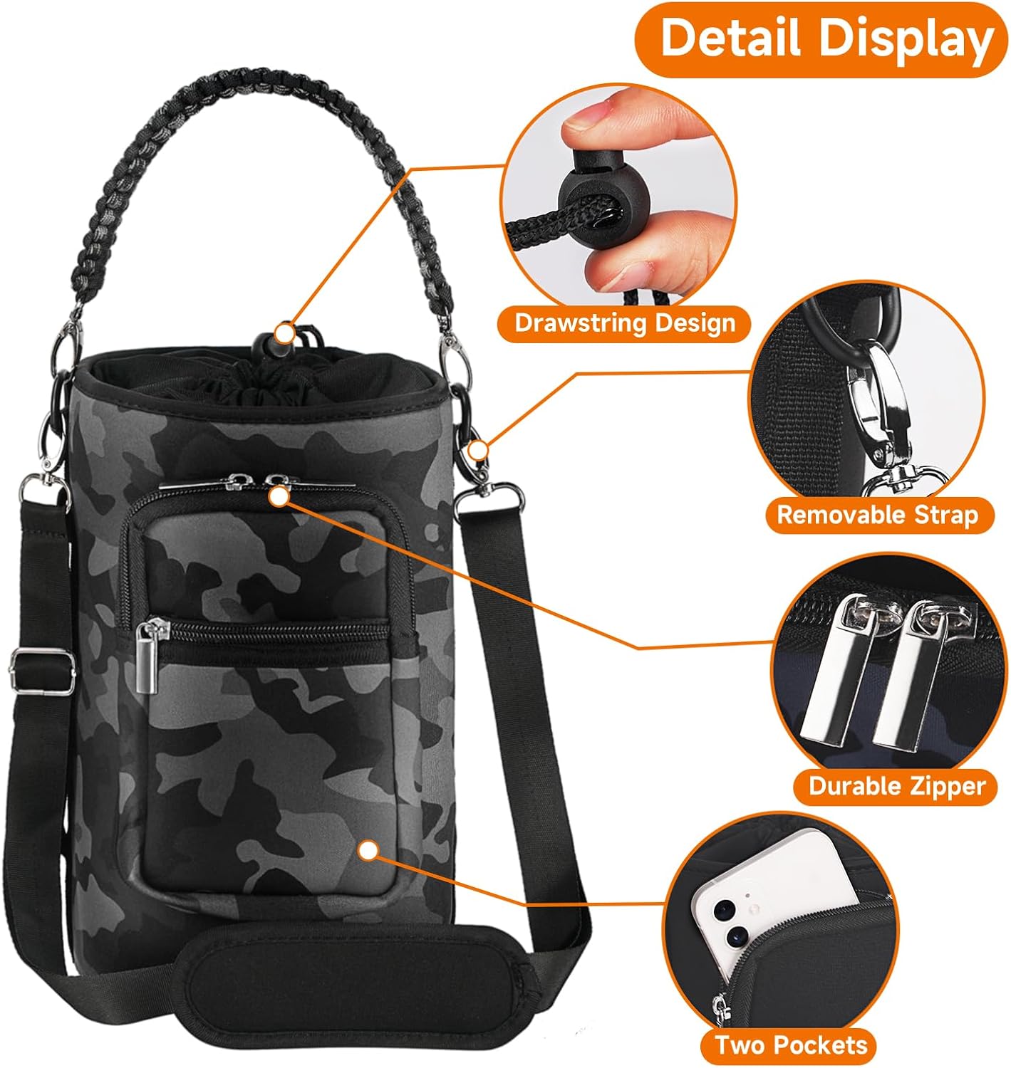 AceTreker 32/40/64/128 oz Neoprene Insulated Water Bottle Carrier Bag, Sling Bag Sleeve Pouch Holder with Strap & Paracord Handle and 2 Pocket for Travelling, Hiking, Camping