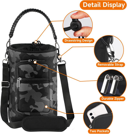 AceTreker 32/40/64/128 oz Neoprene Insulated Water Bottle Carrier Bag, Sling Bag Sleeve Pouch Holder with Strap & Paracord Handle and 2 Pocket for Travelling, Hiking, Camping