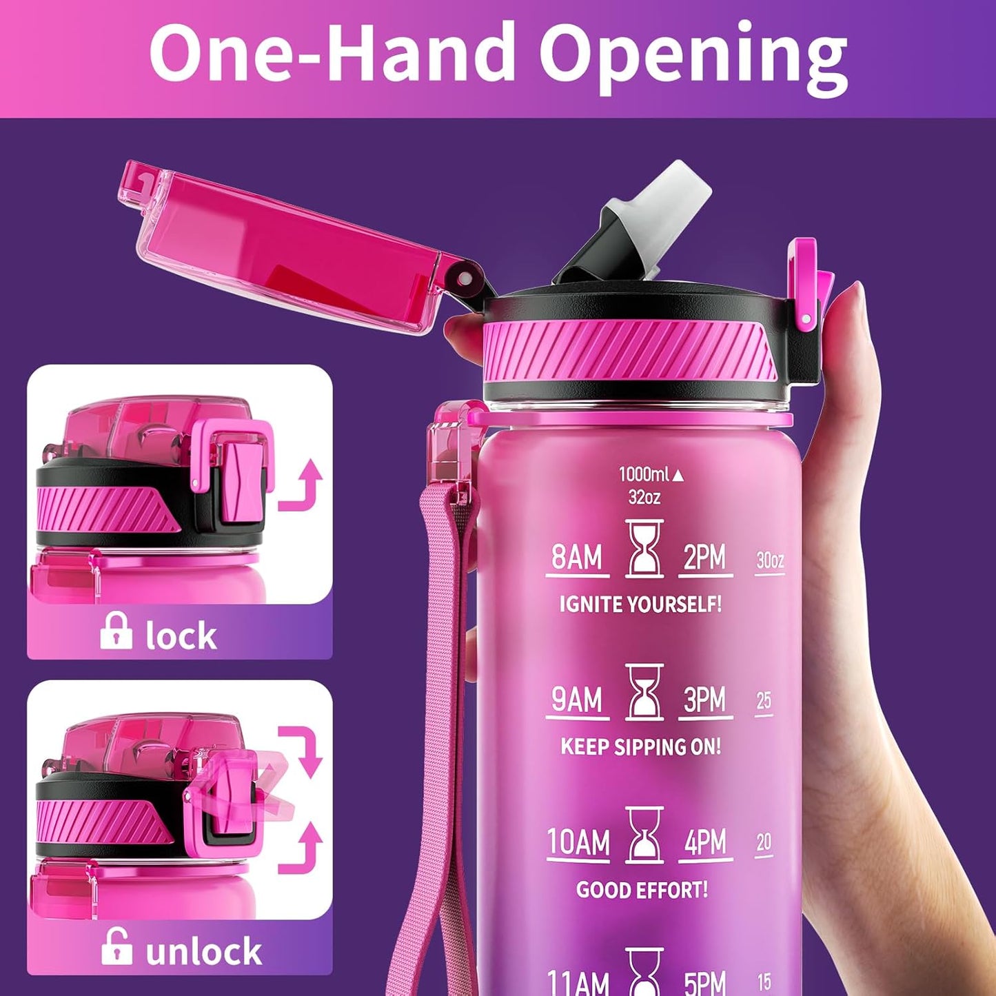 QLUR Water Bottle with Straw, 32oz Motivational Water Bottles with Time Marker to Drink, Tritan BPA Free, 1L Sports Water Bottle with Carry Strap LeakProof for Women Gym Fitness Outdoor (1 Pack)