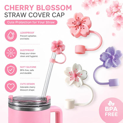 BTYHAOS Silicone Straw Caps for 10mm Tumblers | Reusable Dust-Proof Straw Toppers Compatible with Stanley 30oz & 40oz Tumblers (Purple Flower 3pc)
