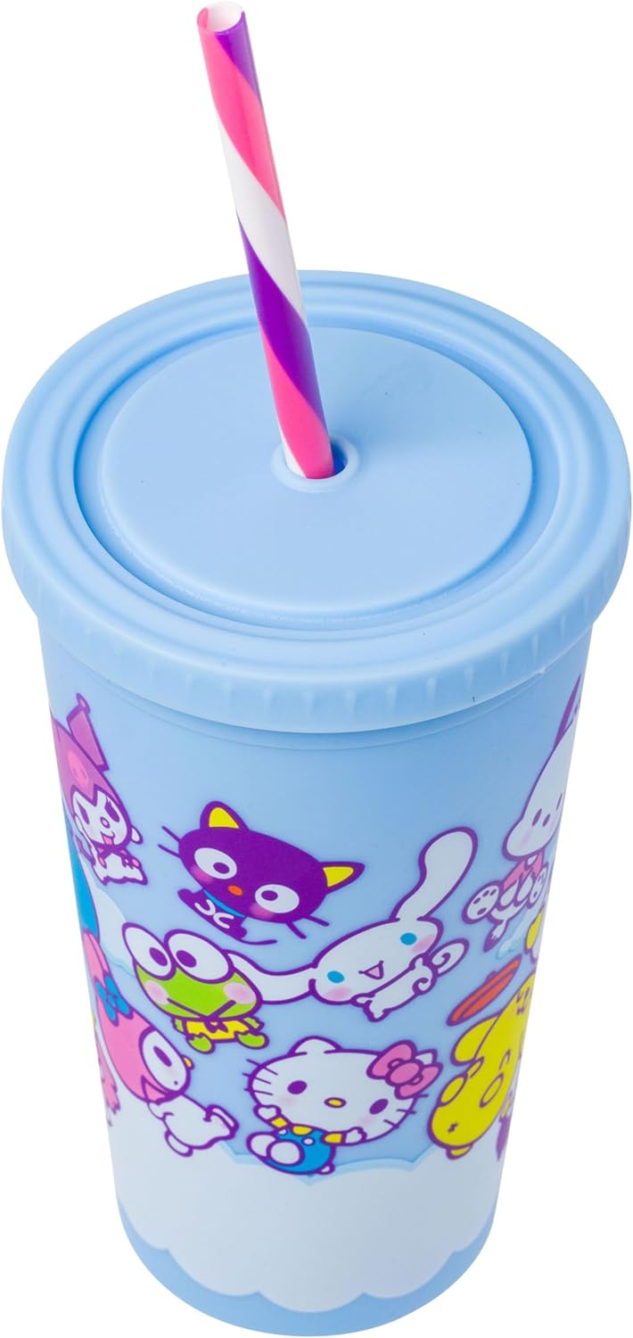 Silver Buffalo Sanrio Hello Kitty Milk Carton Pattern Plastic Boba Tumbler w Lid and Wide Straw, 24 Ounces