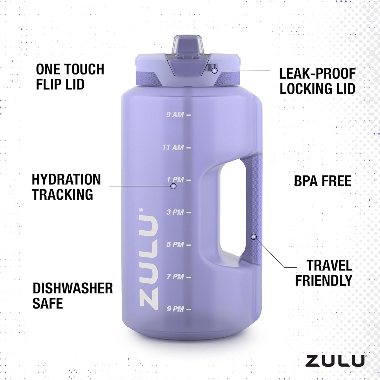 ZULU Goals 64oz Half Gallon Plastic Water Bottle with Straw and Time Marker | Large Reusable Jug with Handle and Leak Proof Lid for All Day Hydration, Gym and Outdoors, Gift Ready, Violet