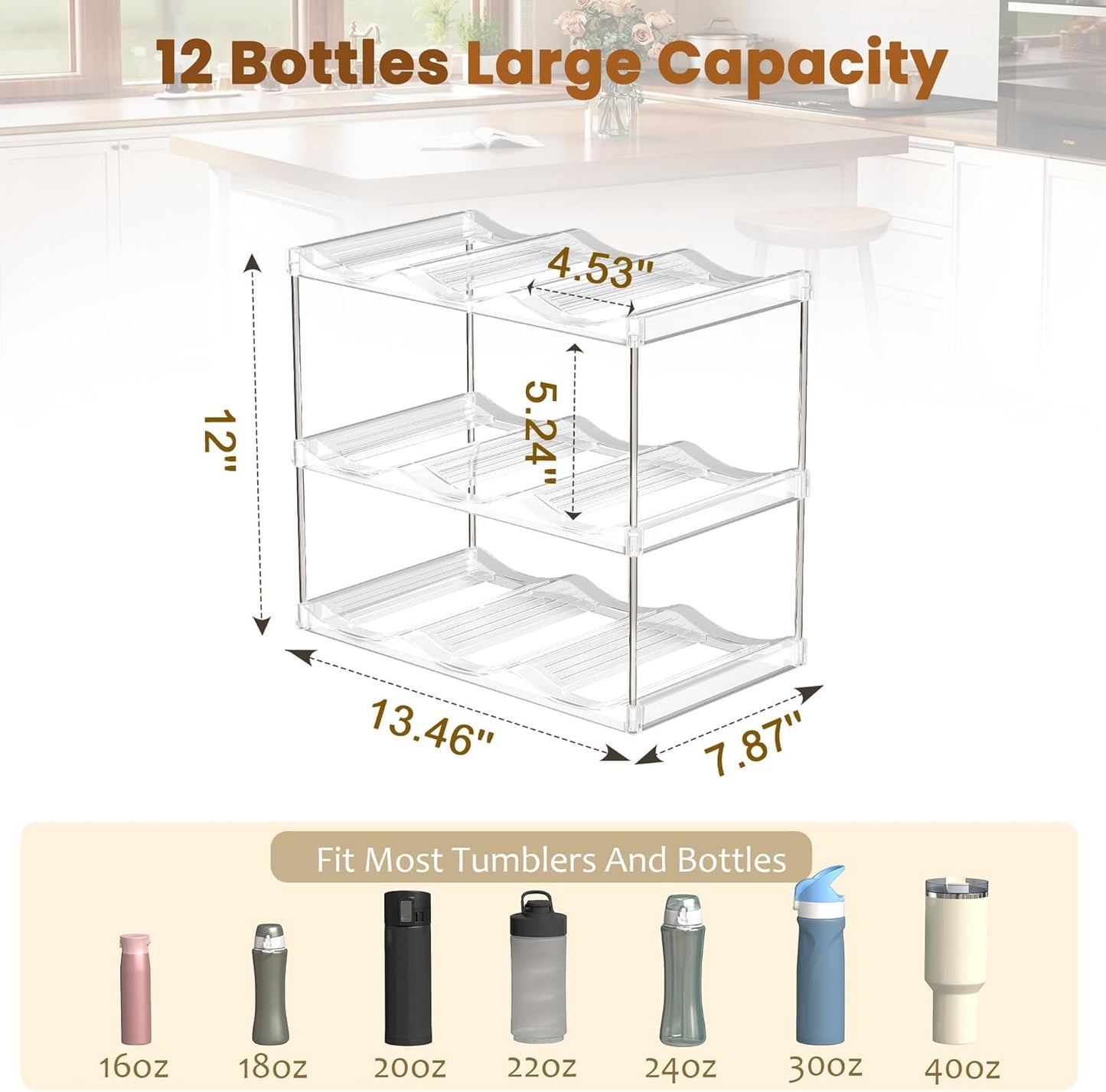 LAMU Stackable Water Bottle Holder Organzier for 40 oz Large Tumbler, 2 Tier Clear Tumbler Bottle Cup Rack for Kitchen Cabinet Organziers and Storage, Hold 6