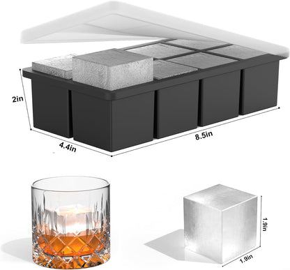 Bangp Large Ice Cube Tray for Whiskey,2 Pack Stackable Big Ice Cube Molds Make 16 Big Whiskey Ice Cubes,Easy Release Square Ice Cube Maker for Cocktails,Whiskey,Soups and Frozen Treats