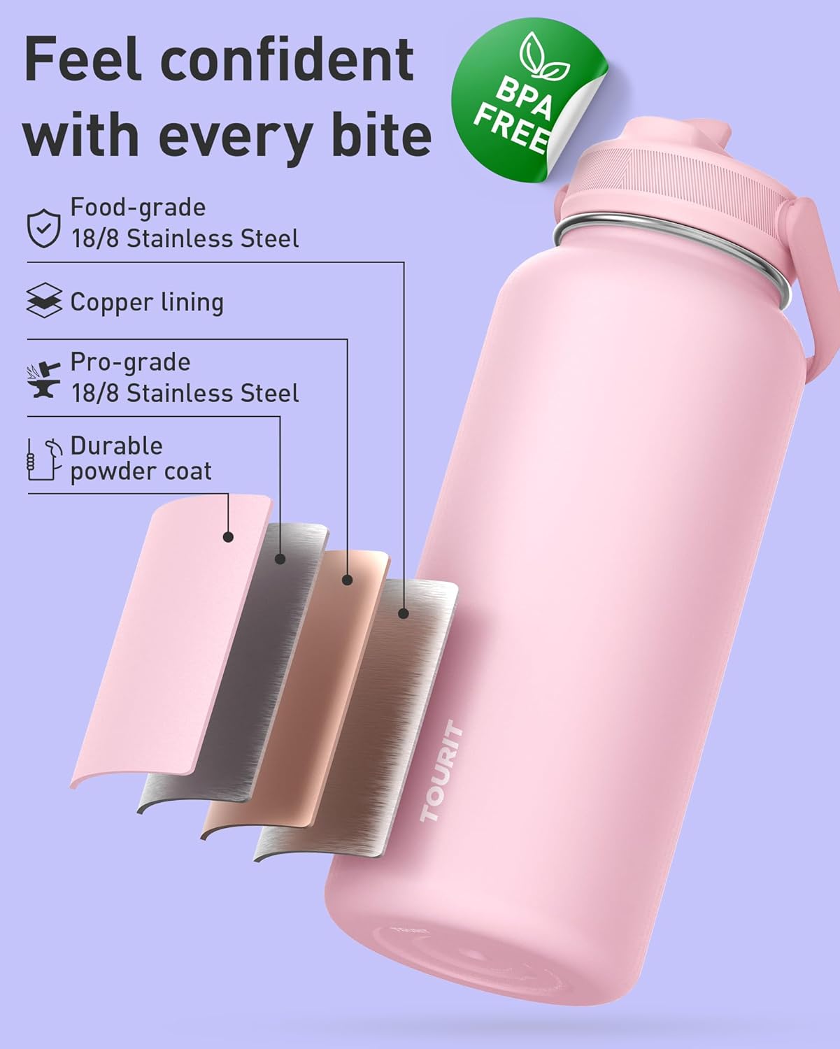 TOURIT 32 oz Insulated Water Bottle, Stainless Steel Sports Water Bottles With Top Handle, Double-Wall Travel Thermal Water Flask, BPA Free Leakproof Water Bottle for Sports and Travel,Pink