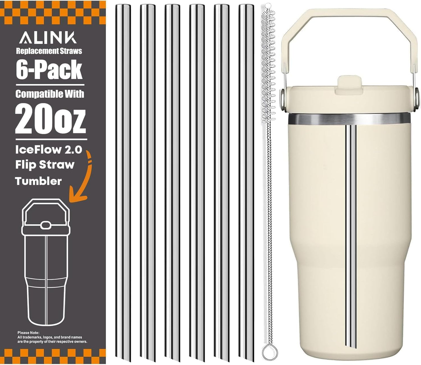 ALINK Stainless Steel Straws Compatible with Stanley Iceflow 30oz Flip Tumbler, 6 Pack Reusable Metal Straws for Stanley Ice Flow 30oz Cup Lid Only, Plus Straw Brush