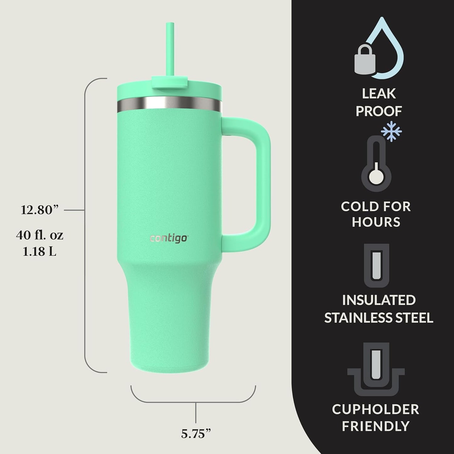 Contigo Streeterville 40oz Tumbler, Stainless Steel Vacuum Insulated, Leak-Proof, Cold for 29 Hours, Reef