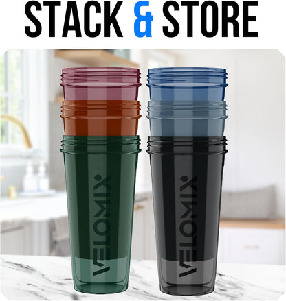 VELOMIX -6 PACK- 28 oz Protein Shaker Bottle for Protein Mixes -6x Wire Whisk | Leak Proof Shaker Cups for Protein Shakes | Large, Stackable Protein Shaker Bottle Pack