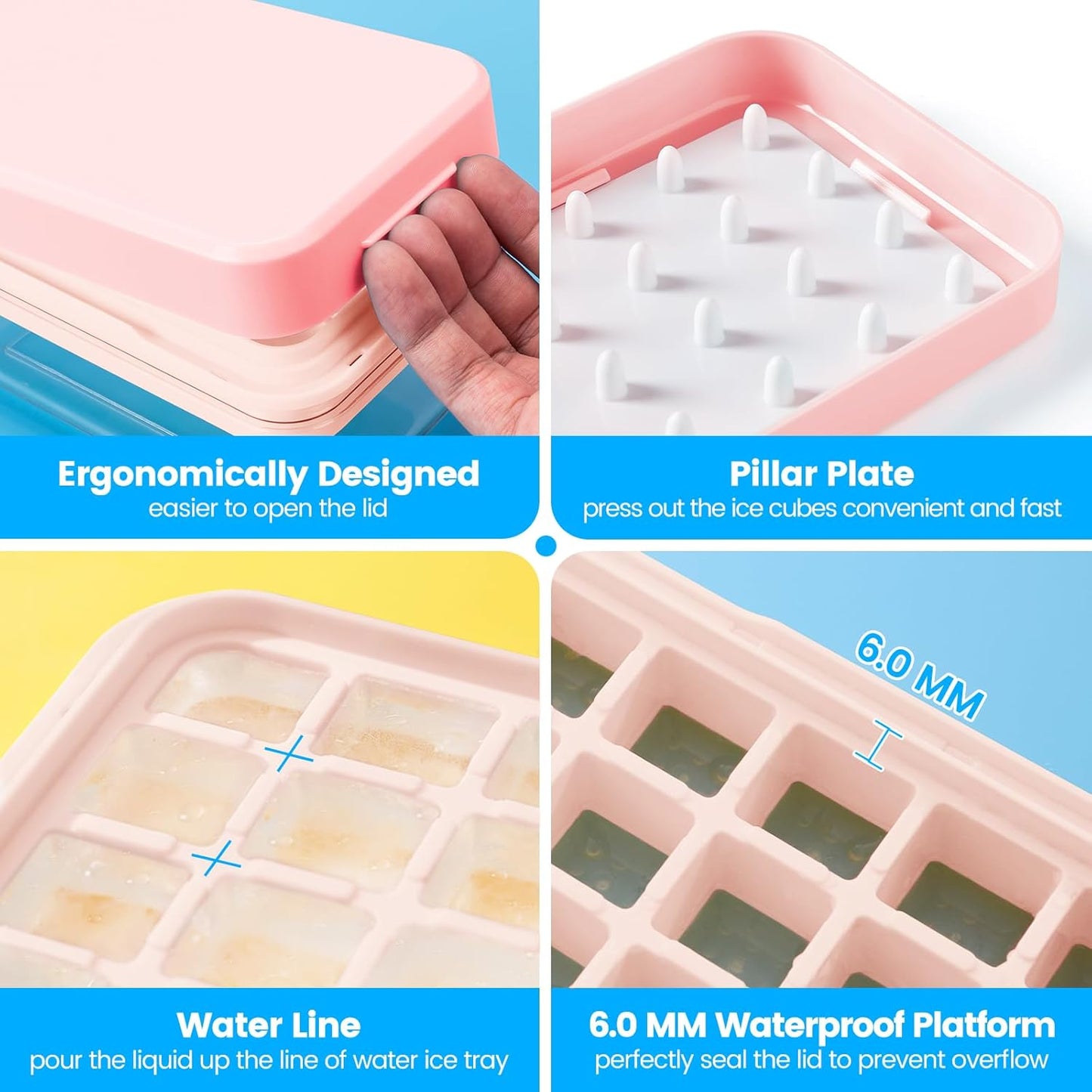 Ice Cube Tray with Lid and Bin, PHINOX 56 pcs Ice Trays for Freezer, Ice Cube Trays for Freezer with 2 trays, Container, Lid & Ice Scoop, BPA Free