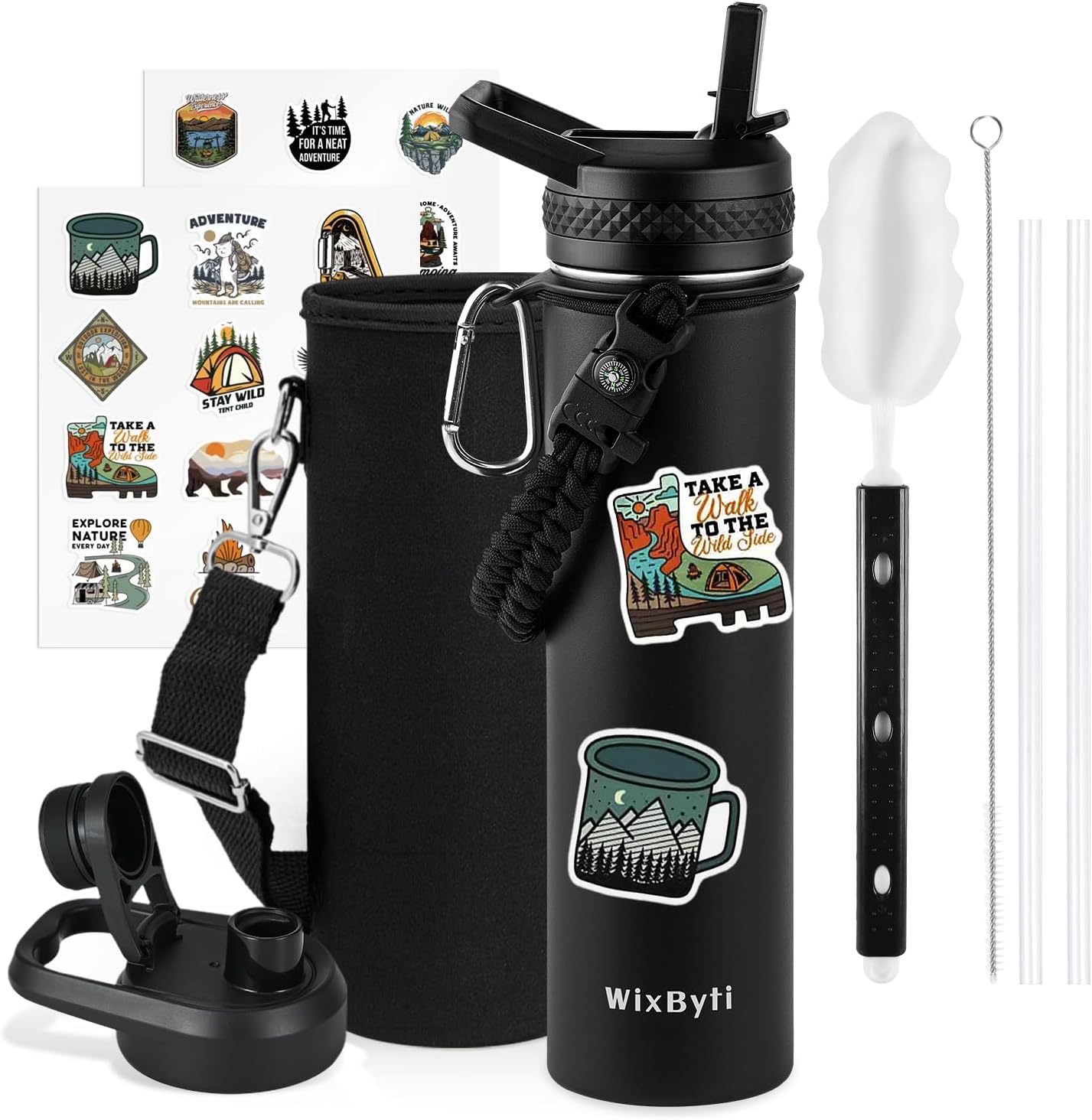 WixByti 40 oz Insulated Water Bottle with Straw (Cold for 36 Hrs), Stainless Steel Triple Wall Vacuum Sports Water Jug, Leakproof Hydro Cup Flask with Paracord Handle & Straw Spout Lids & DIY Stickers