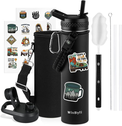 WixByti 40 oz Insulated Water Bottle with Straw (Cold for 36 Hrs), Stainless Steel Triple Wall Vacuum Sports Water Jug, Leakproof Hydro Cup Flask with Paracord Handle & Straw Spout Lids & DIY Stickers