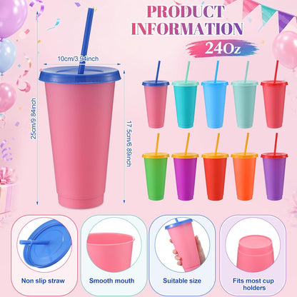 Honeydak 15 Pack Tumbler with Straw and Lid Bulk Cups for Gifts Water Bottle Iced Coffee Travel Mug Cup Reusable Plastic Tumblers for Party Birthdays 24-27 oz (Solid Color)